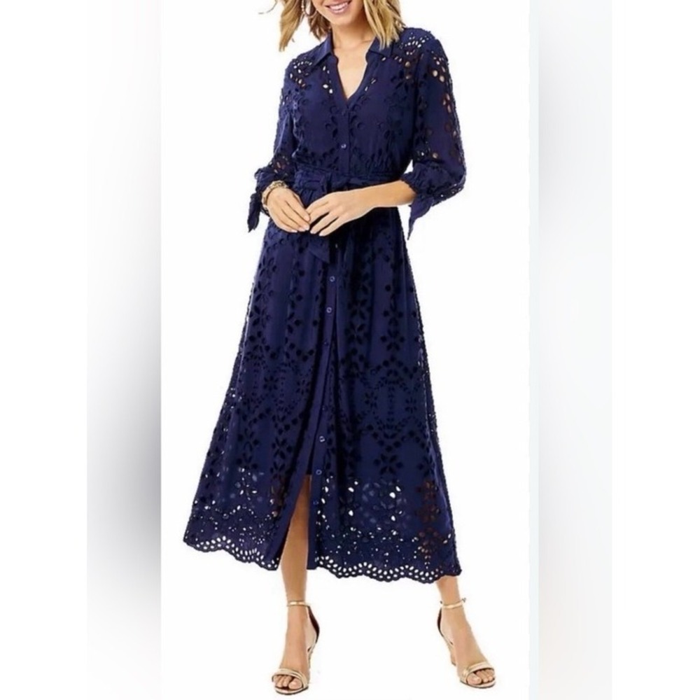 Lilly Pulitzer Navy Eyelet Midi Shirt Dress Long Sleeve Gold Buttons Size 2